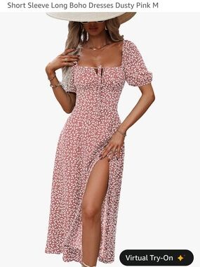 Dusty Pink Boho Maxi Dress with Puff Sleeves